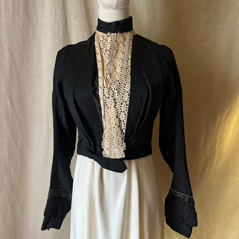 Antique 1900s Edwardian Black Bodice Jacket Lace Beaded Mourning XS